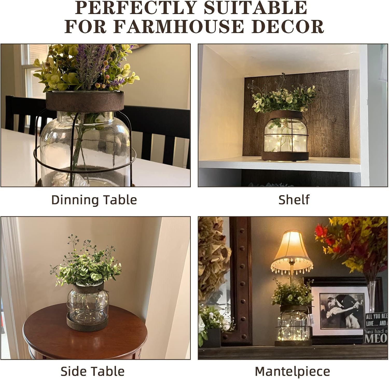 Aldernest Vintage Glass Farmhouse Vase Rustic Lantern Decor with Plants Lights, 2.3 pounds, Rustic Vase+greenery+light