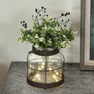 Aldernest Vintage Glass Farmhouse Vase Rustic Lantern Decor with Plants Lights, 2.3 pounds, Rustic Vase+greenery+light