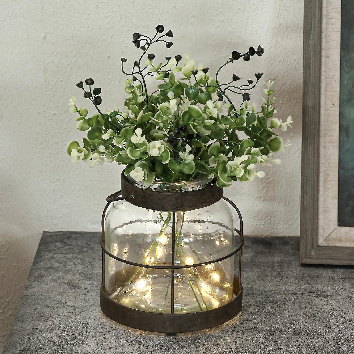 Aldernest Vintage Glass Farmhouse Vase Rustic Lantern Decor with Plants Lights, 2.3 pounds, Rustic Vase+greenery+light