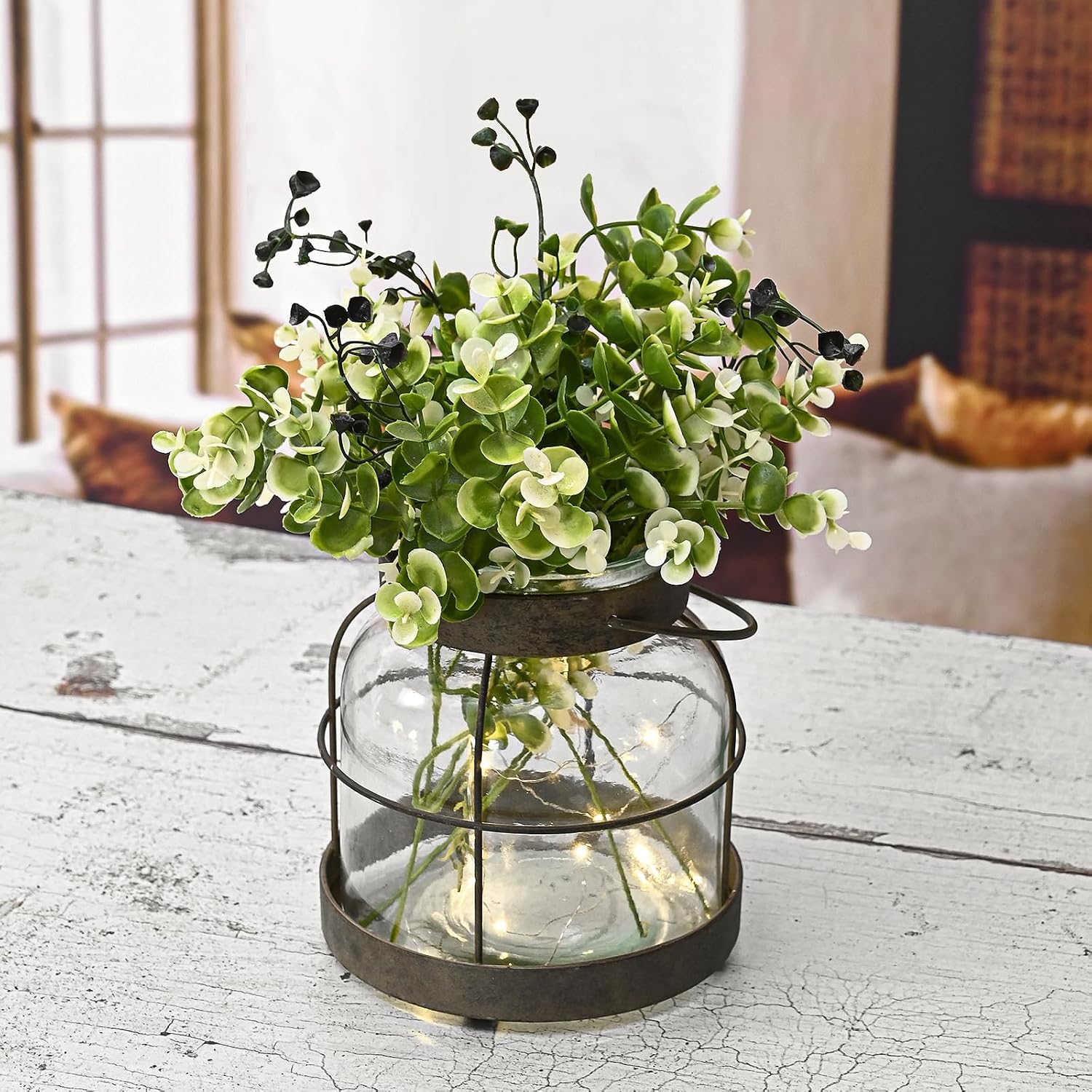 Aldernest Vintage Glass Farmhouse Vase Rustic Lantern Decor with Plants Lights, 2.3 pounds, Rustic Vase+greenery+light