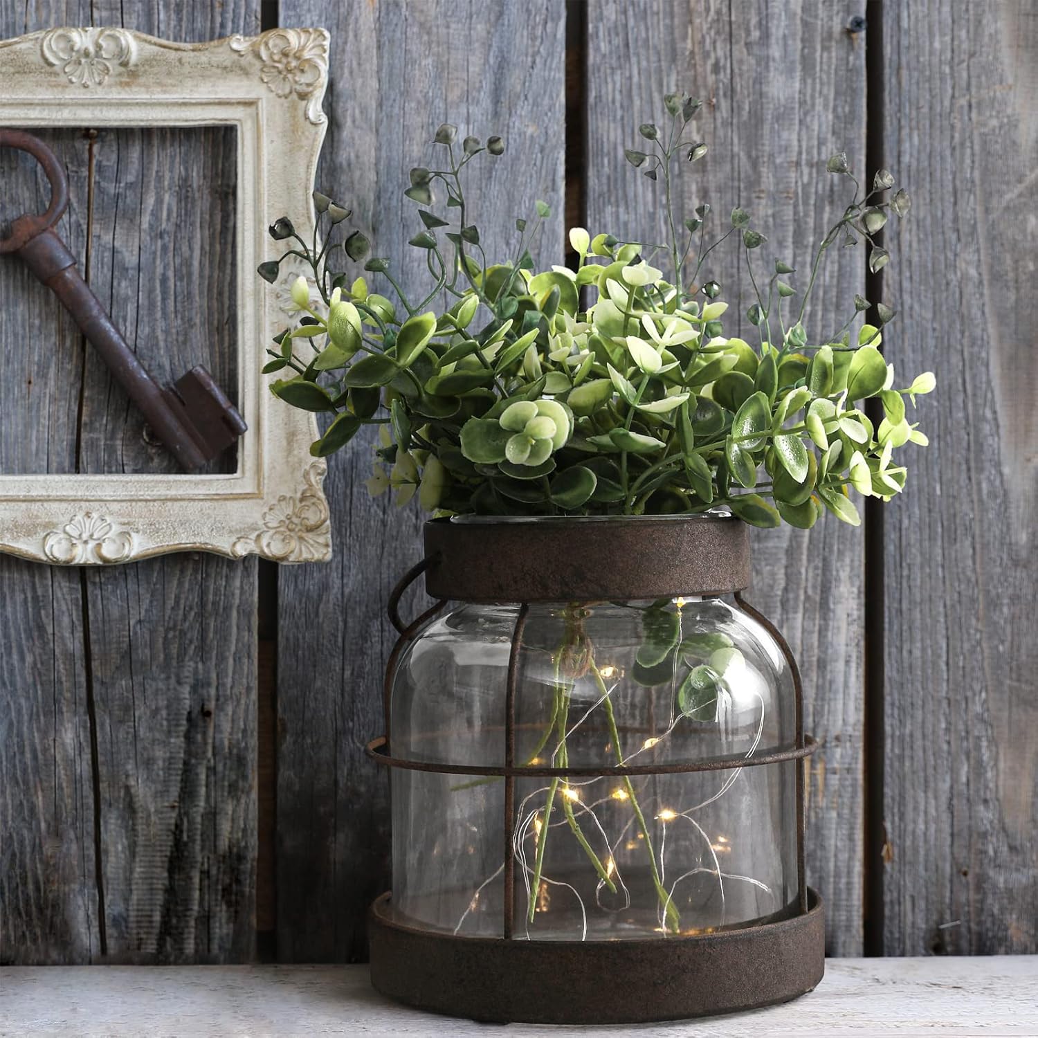Aldernest Vintage Glass Farmhouse Vase Rustic Lantern Decor with Plants Lights, 2.3 pounds, Rustic Vase+greenery+light