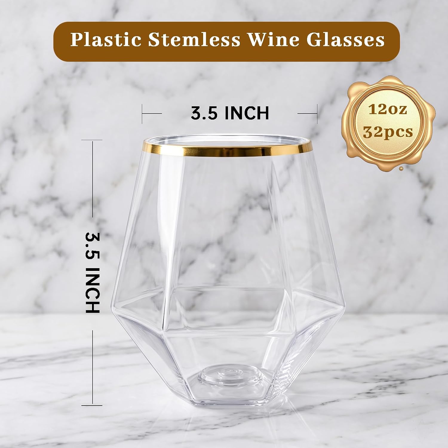 Ashenby 32Pcs Gold Plastic Stemless Wine Glasses, 12Oz Disposable Glasses