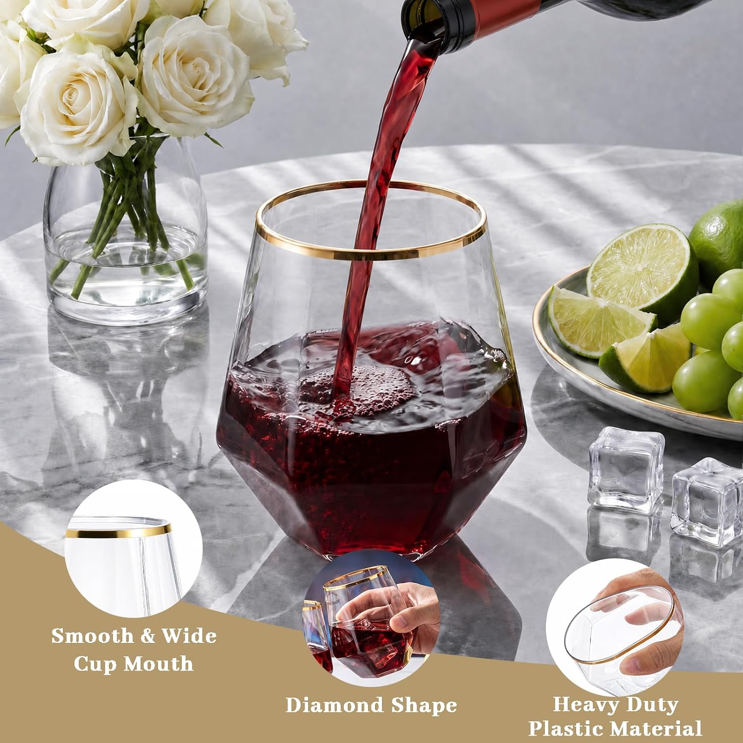 Ashenby 32Pcs Gold Plastic Stemless Wine Glasses, 12Oz Disposable Glasses