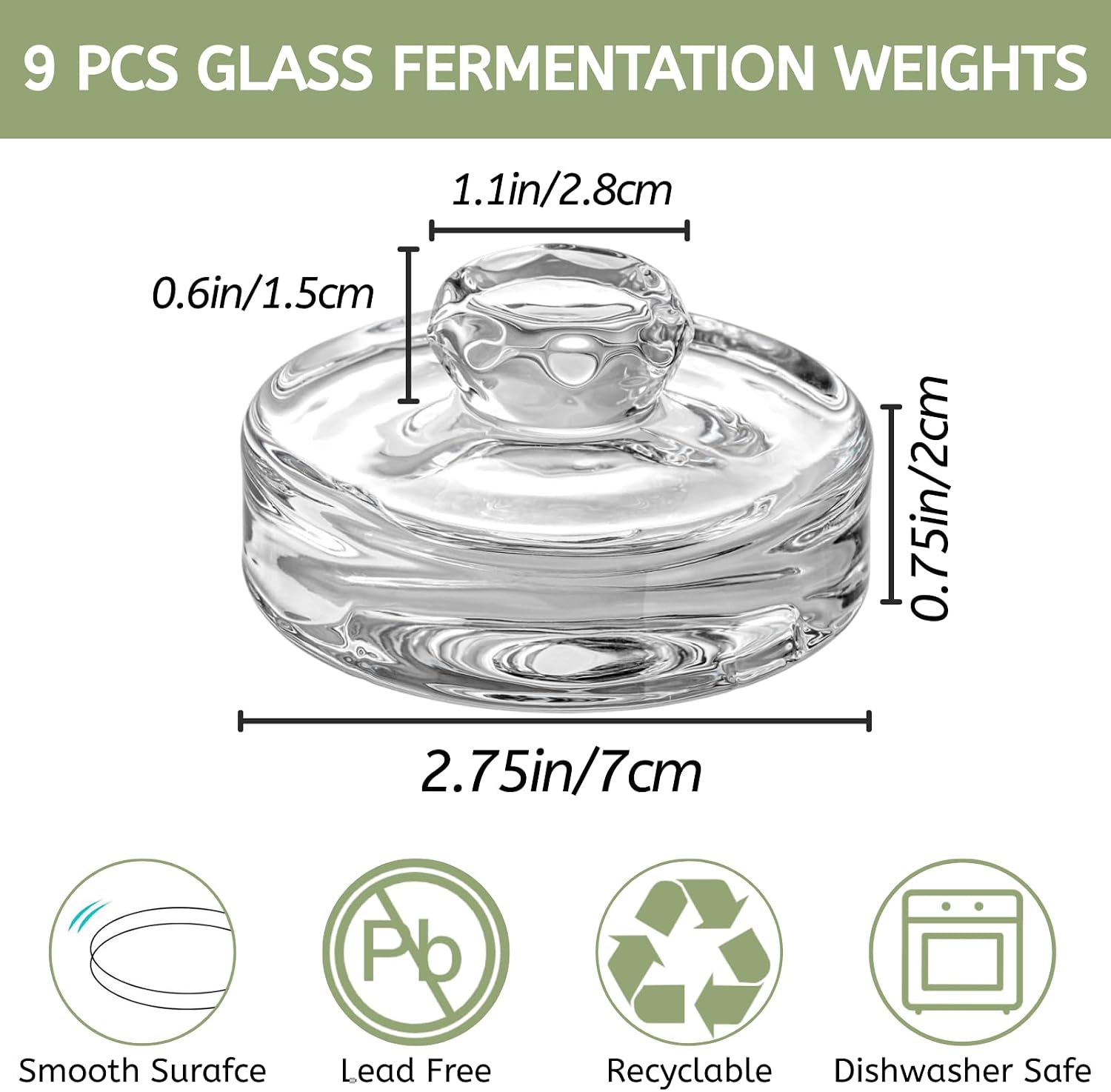 Barleyfield 9 Pack Fermentation Glass Weights with Easy Grip Handles for Wide Mouth Mason Jars, Pickling Jars