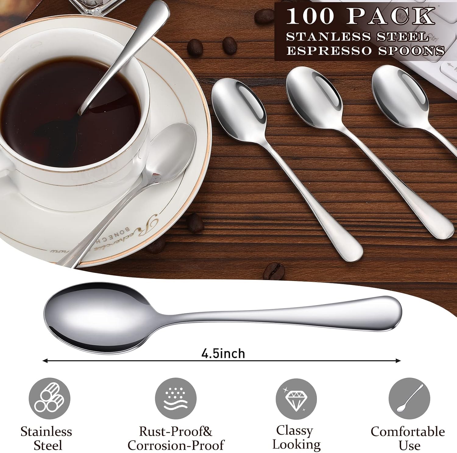 Aldernest 100 Pack Stainless Steel Demitasse Espresso Spoons, 4.33 Inch, Silver