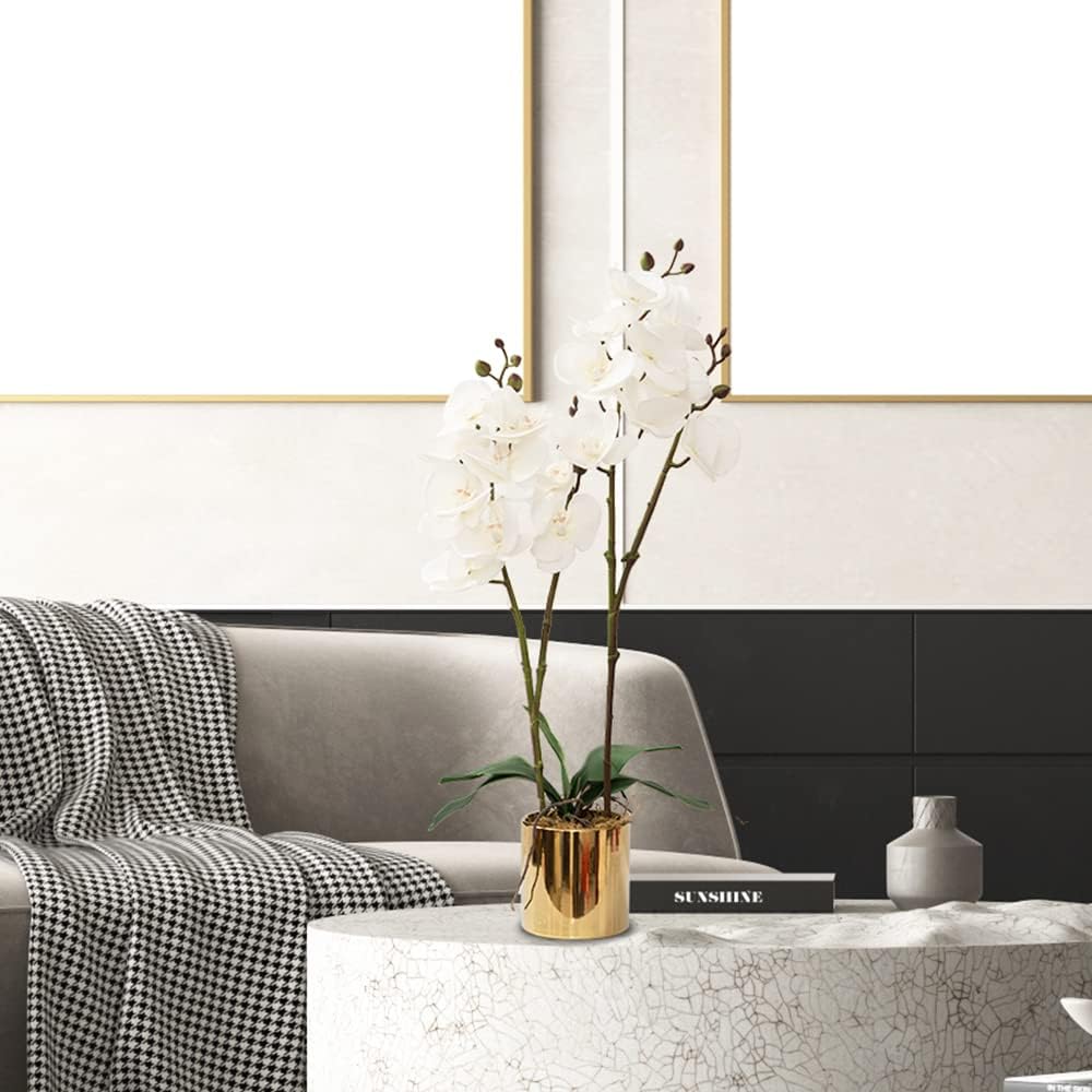 Aldernest Artificial Orchid Flower Plant 19.7'' Real Touch Faux Orchids in Vase, 4.8 ounces, White- Golden