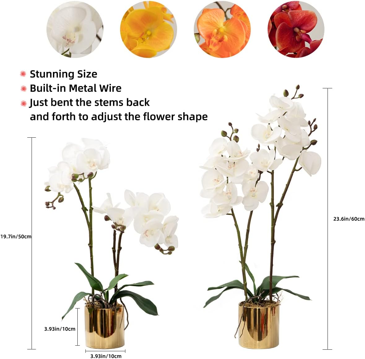 Aldernest Artificial Orchid Flower Plant 19.7'' Real Touch Faux Orchids in Vase, 4.8 ounces, White- Golden