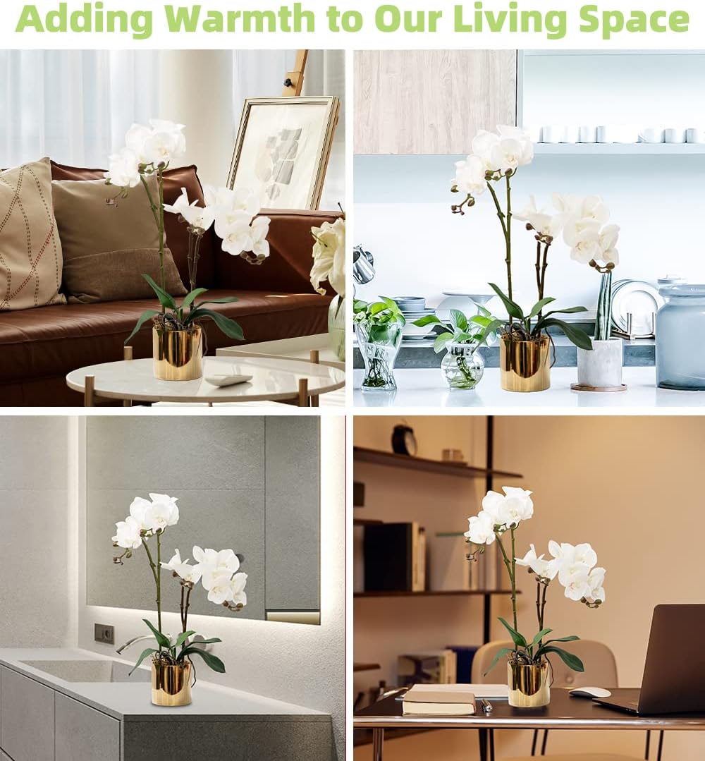 Aldernest Artificial Orchid Flower Plant 19.7'' Real Touch Faux Orchids in Vase, 4.8 ounces, White- Golden