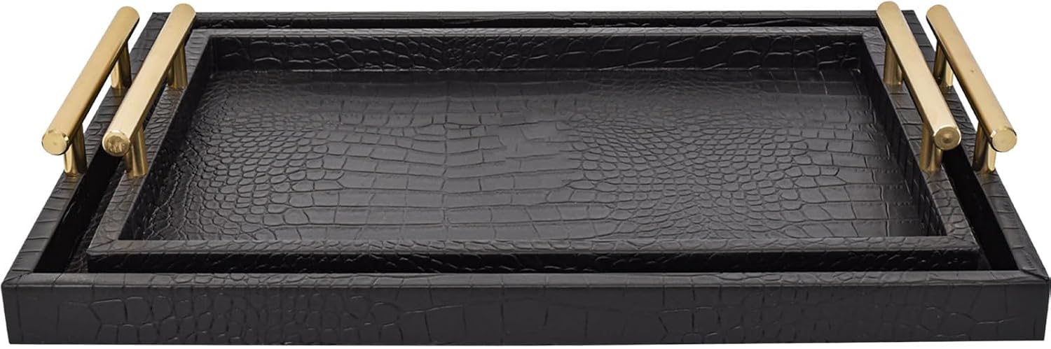 Aldernest Set of 2 Modern Elegant Large Wood Serving Tray, 3.1 pounds, Black