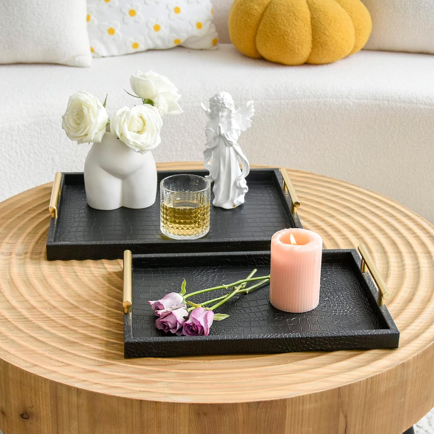 Aldernest Set of 2 Modern Elegant Large Wood Serving Tray, 3.1 pounds, Black