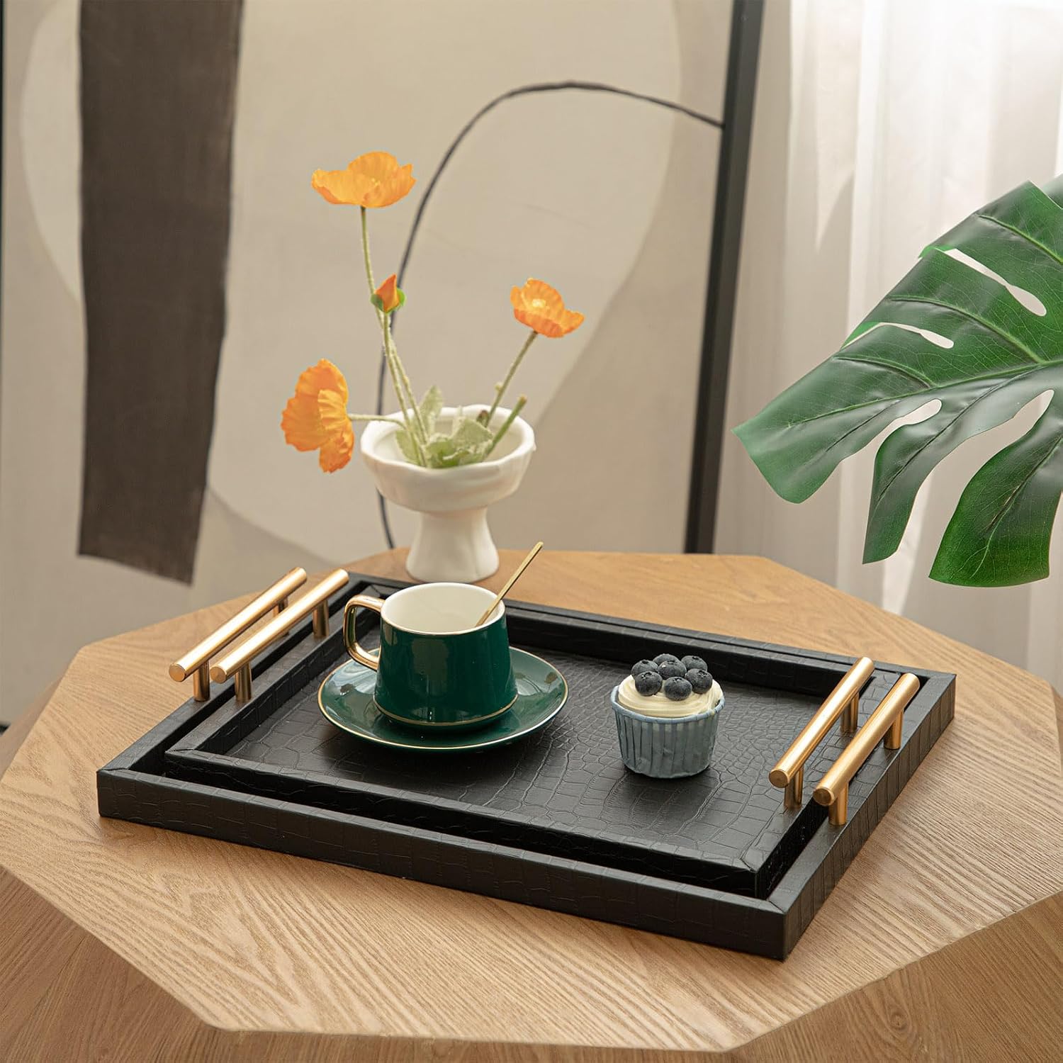 Aldernest Set of 2 Modern Elegant Large Wood Serving Tray, 3.1 pounds, Black