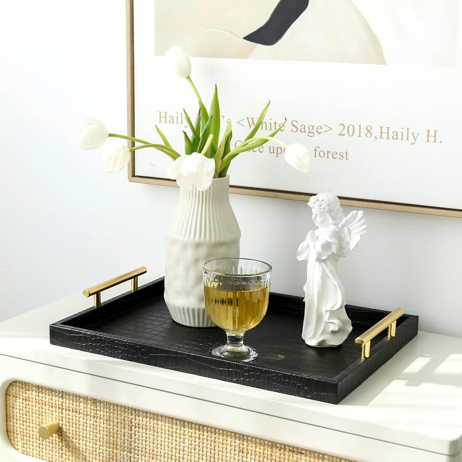 Aldernest Set of 2 Modern Elegant Large Wood Serving Tray, 3.1 pounds, Black