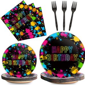 Ashenby 96 Pcs Neon Party Paper Plate and Napkins Neon Birthday Party Decorations Glow in the Dark Birthday Paper Supplies Disposable Glow Tableware