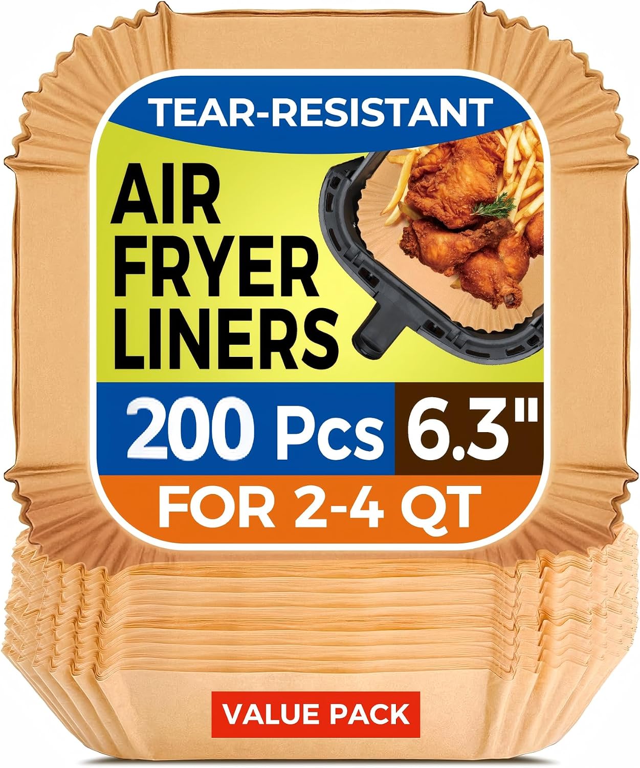 Aldernest 6.3" Square Air Fryer Liners Disposable 200Pcs for 2-4 QT Basket, Natural