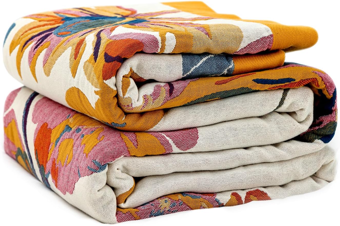 Aldernest Boho Throw Blanket for Bed 60"x80", 100% Cotton Couch Fall Blankets, 1000 g, Boho-floral-h