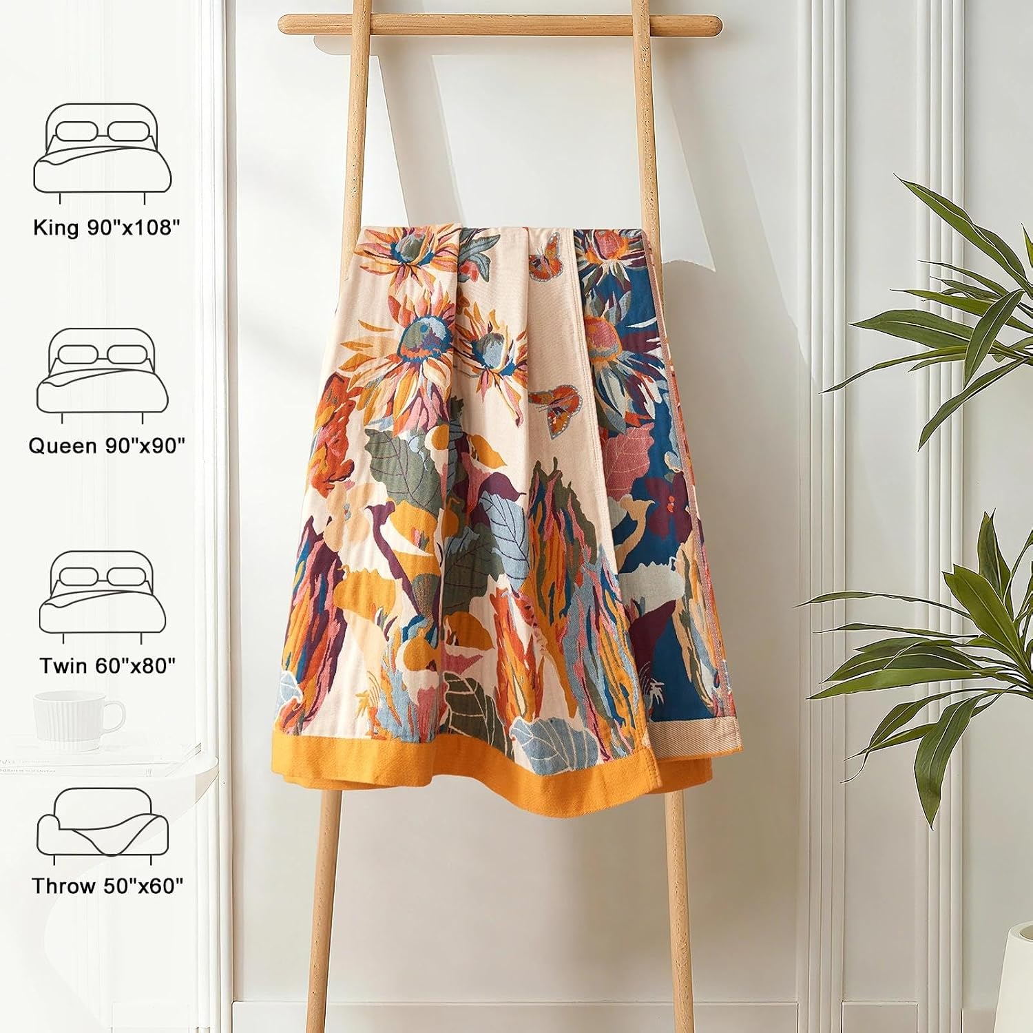 Aldernest Boho Throw Blanket for Bed 60"x80", 100% Cotton Couch Fall Blankets, 1000 g, Boho-floral-h