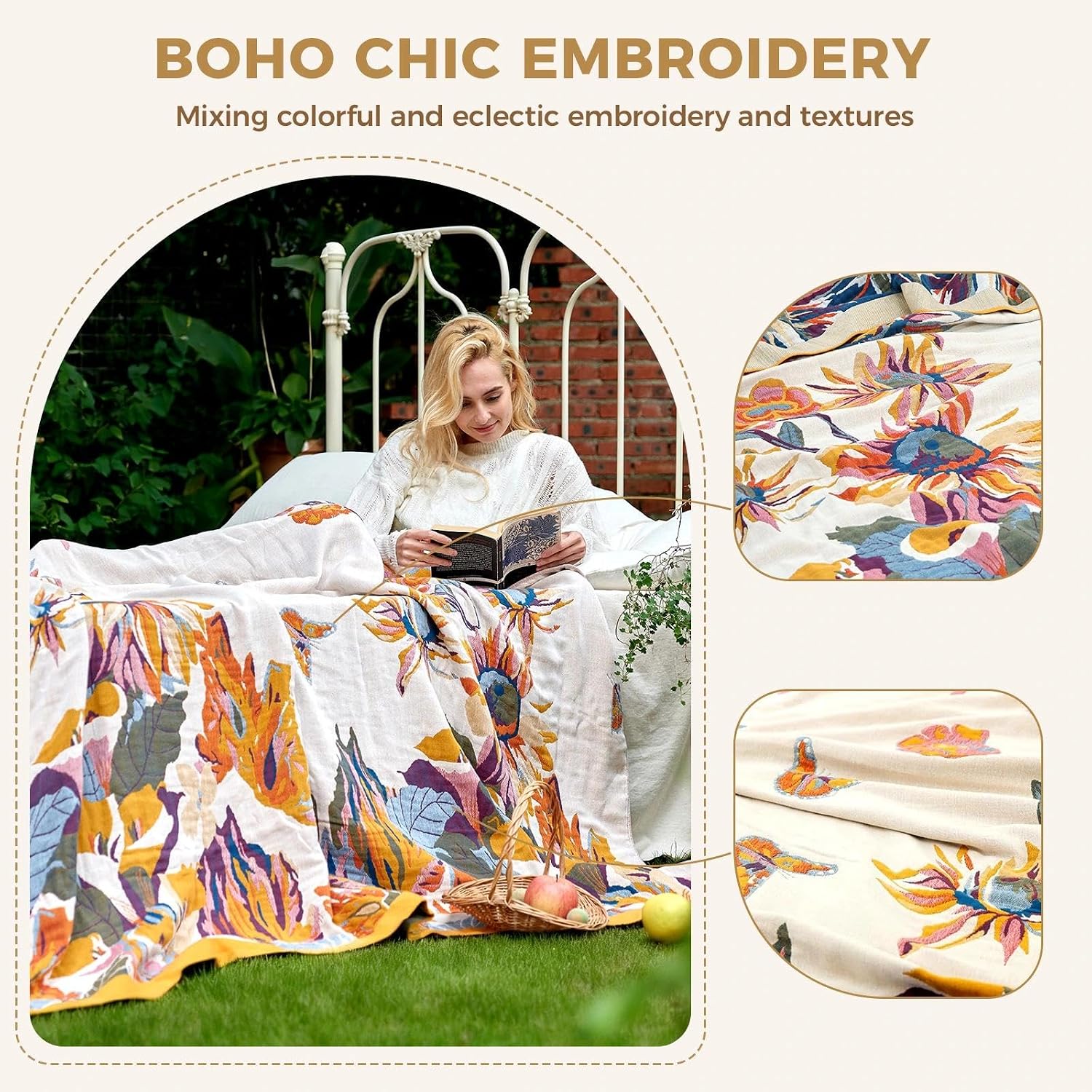 Aldernest Boho Throw Blanket for Bed 60"x80", 100% Cotton Couch Fall Blankets, 1000 g, Boho-floral-h