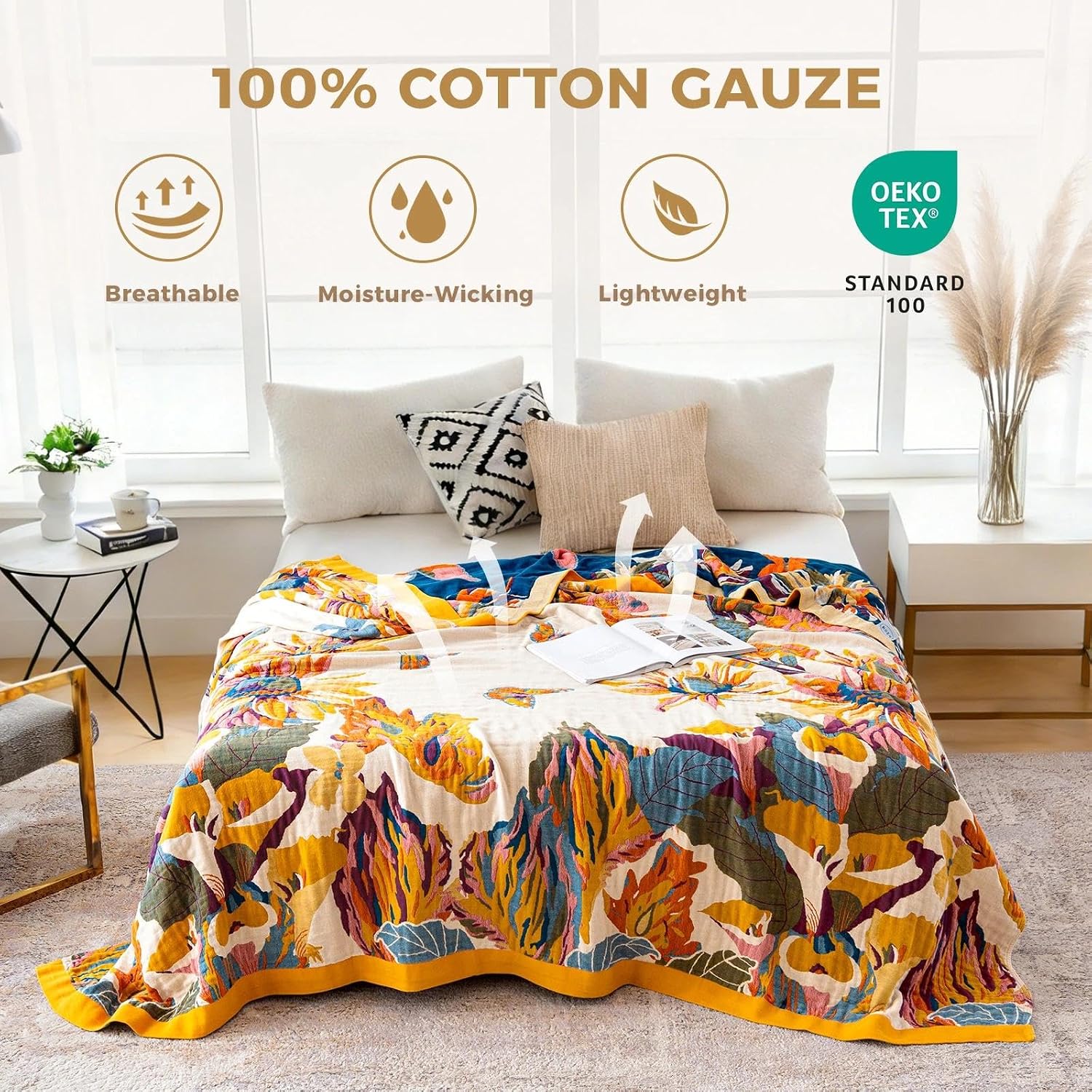 Aldernest Boho Throw Blanket for Bed 60"x80", 100% Cotton Couch Fall Blankets, 1000 g, Boho-floral-h
