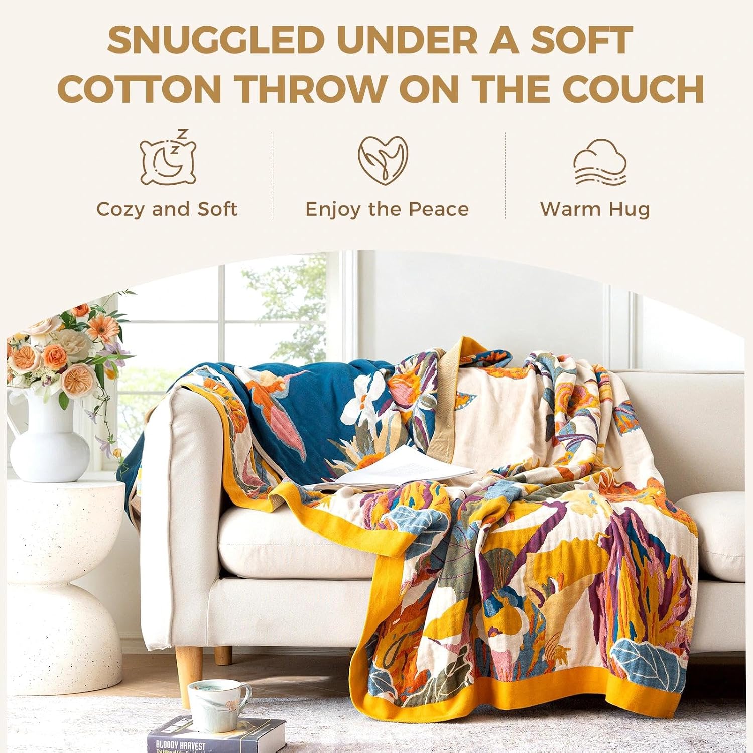 Aldernest Boho Throw Blanket for Bed 60"x80", 100% Cotton Couch Fall Blankets, 1000 g, Boho-floral-h