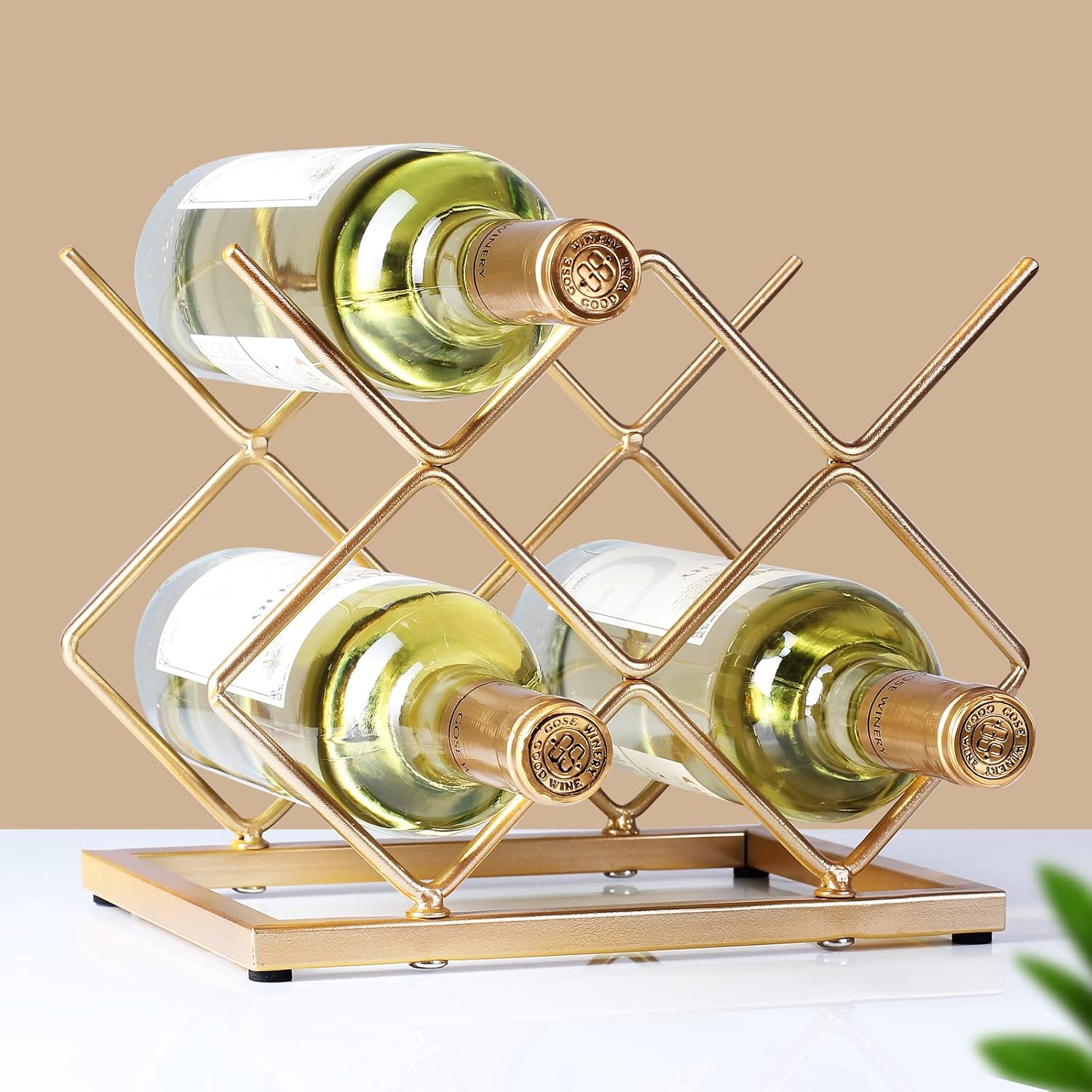 Aldernest Countertop Wine Rack - 5 Bottle Freestanding Modern Gold Metal Small Wine Rack - Tabletop Wine Holder Stand for Cabinet, Pantry