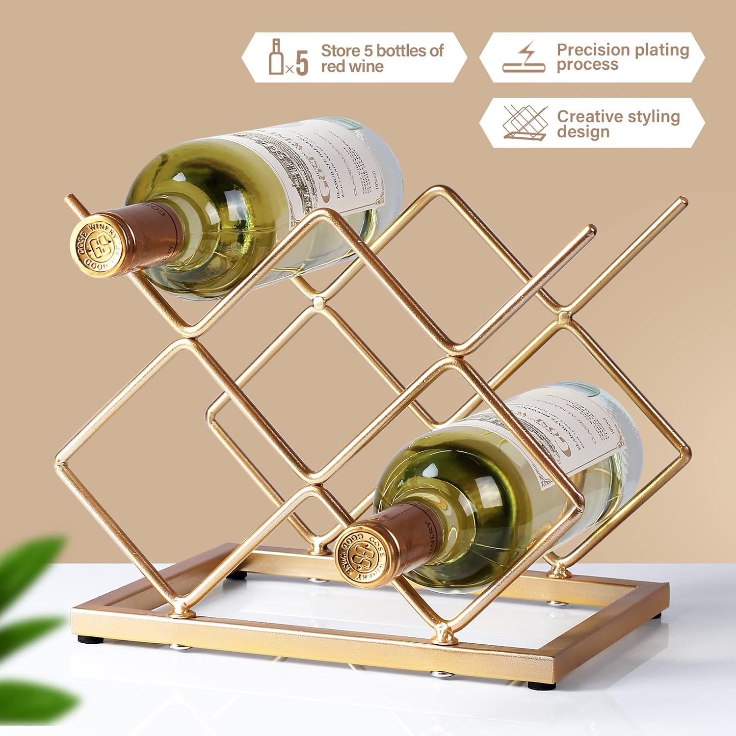 Aldernest Countertop Wine Rack - 5 Bottle Freestanding Modern Gold Metal Small Wine Rack - Tabletop Wine Holder Stand for Cabinet, Pantry