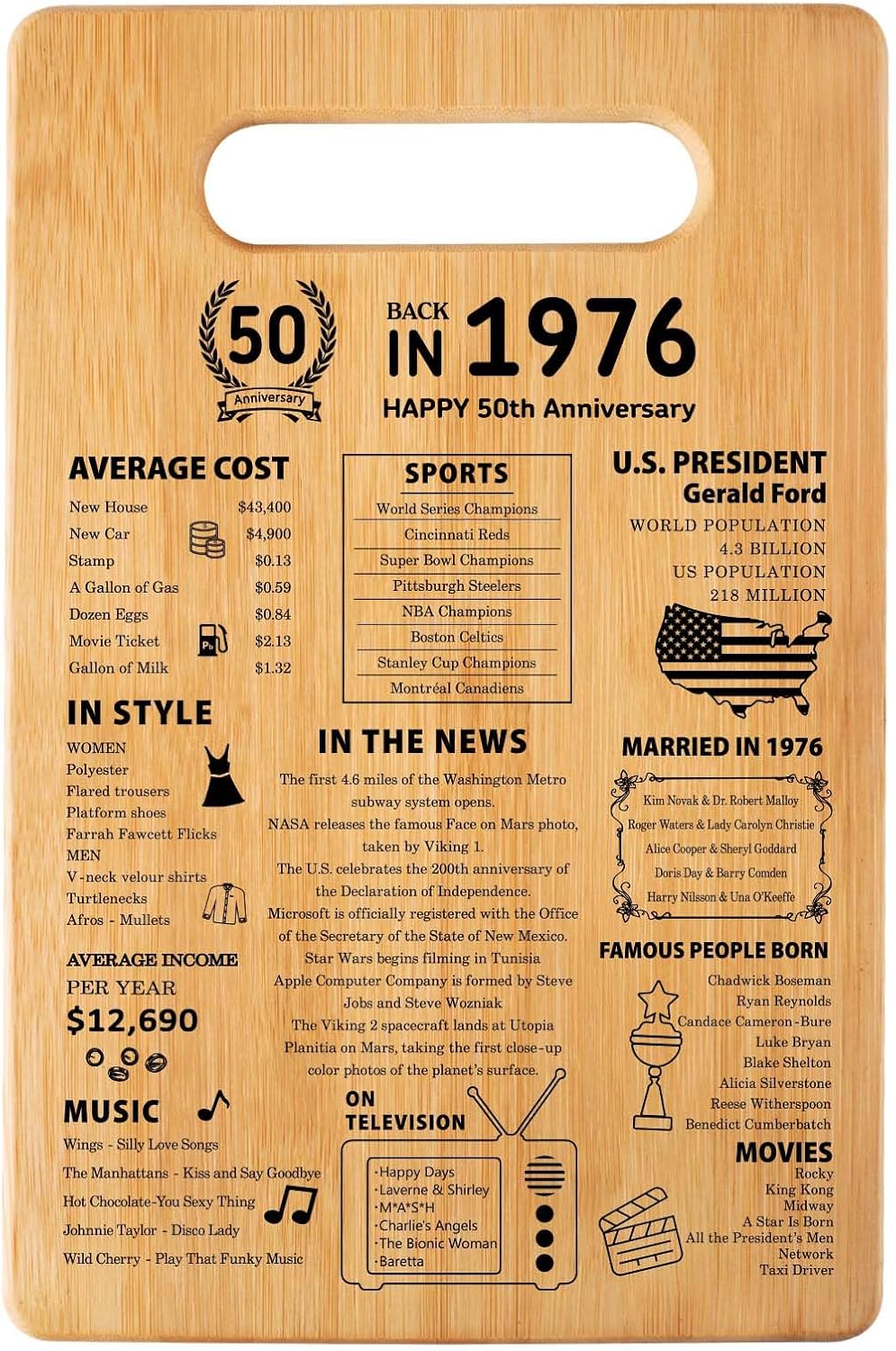 Ashenby 50th Wedding Anniversary Cutting Board Gifts for Women Men Marriage Gifts for Couple 1976 Poster Back In 1976 50th Anniversary Decorations