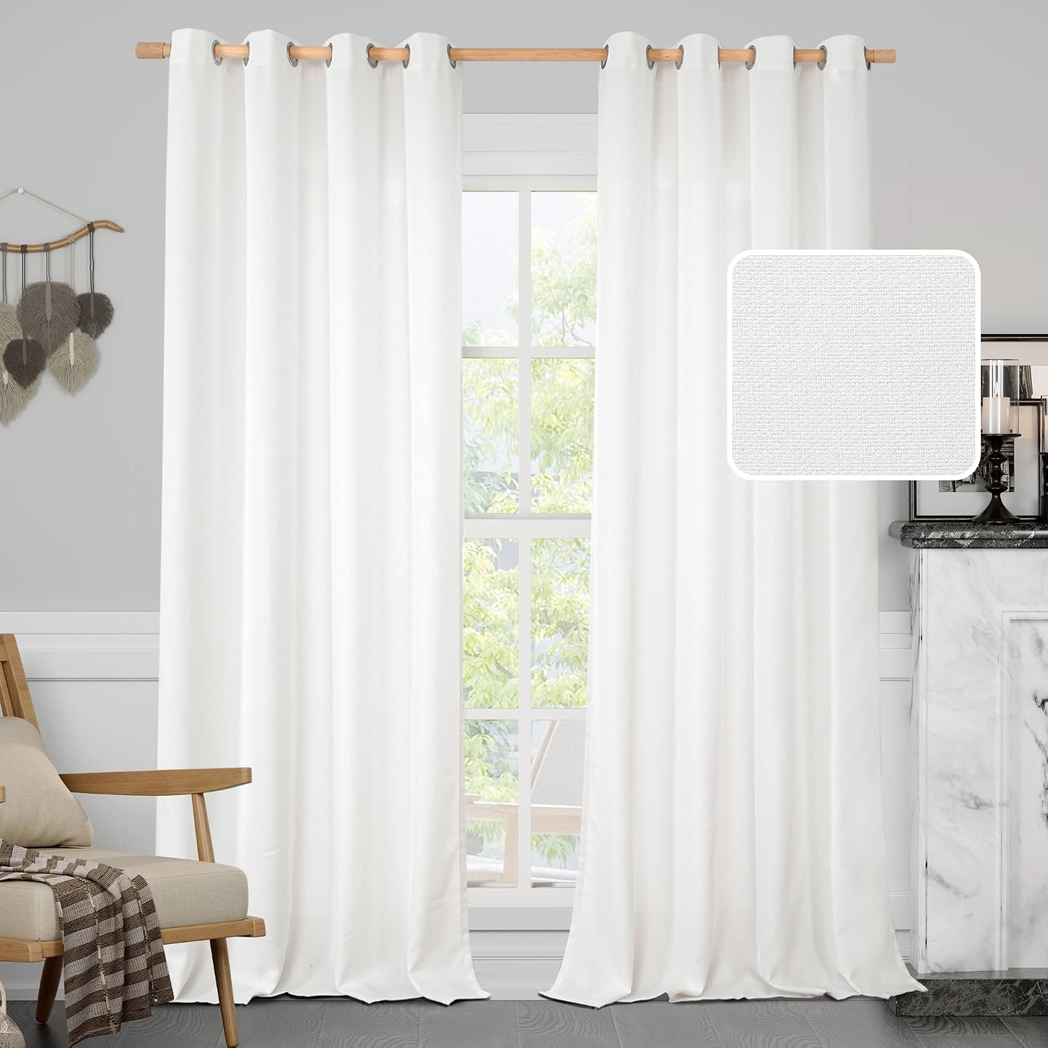 Aldernest Light Filtering White Linen Curtains 84 inches Long for Living Room, 3 pounds, 2 Count