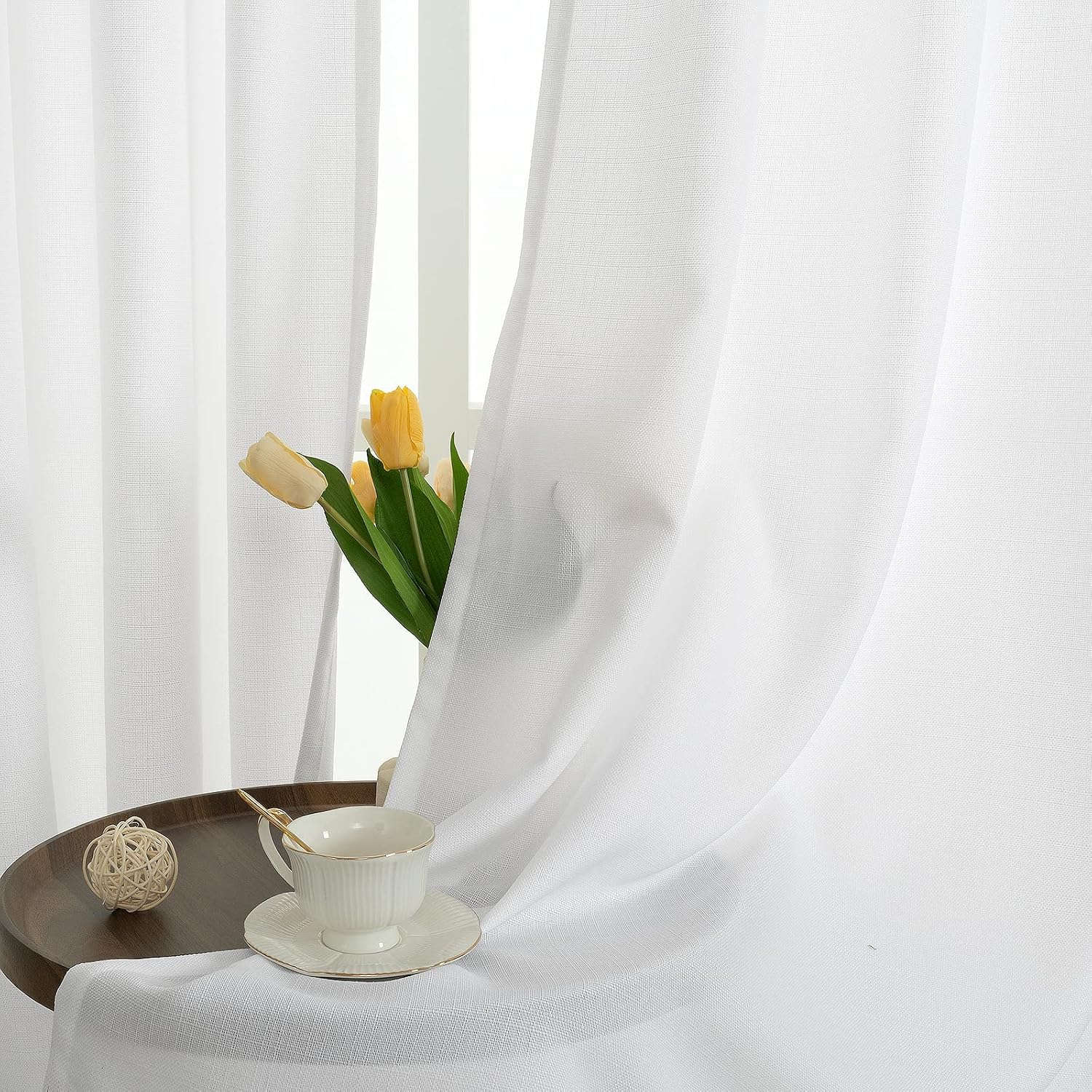 Aldernest Light Filtering White Linen Curtains 84 inches Long for Living Room, 3 pounds, 2 Count