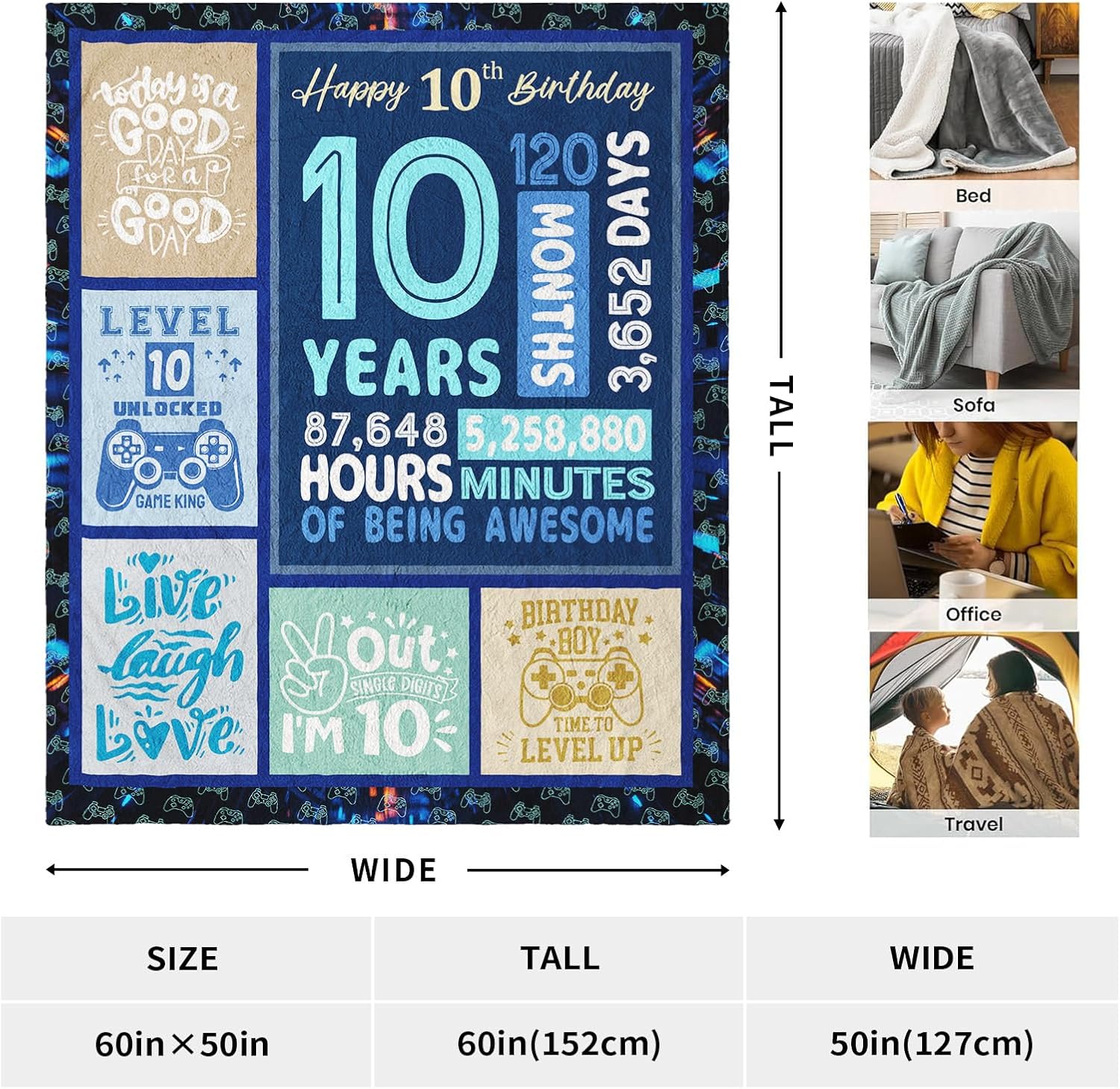 Aldernest 10 Year Old Boy Birthday Gift Soft Blanket 60" x 50"