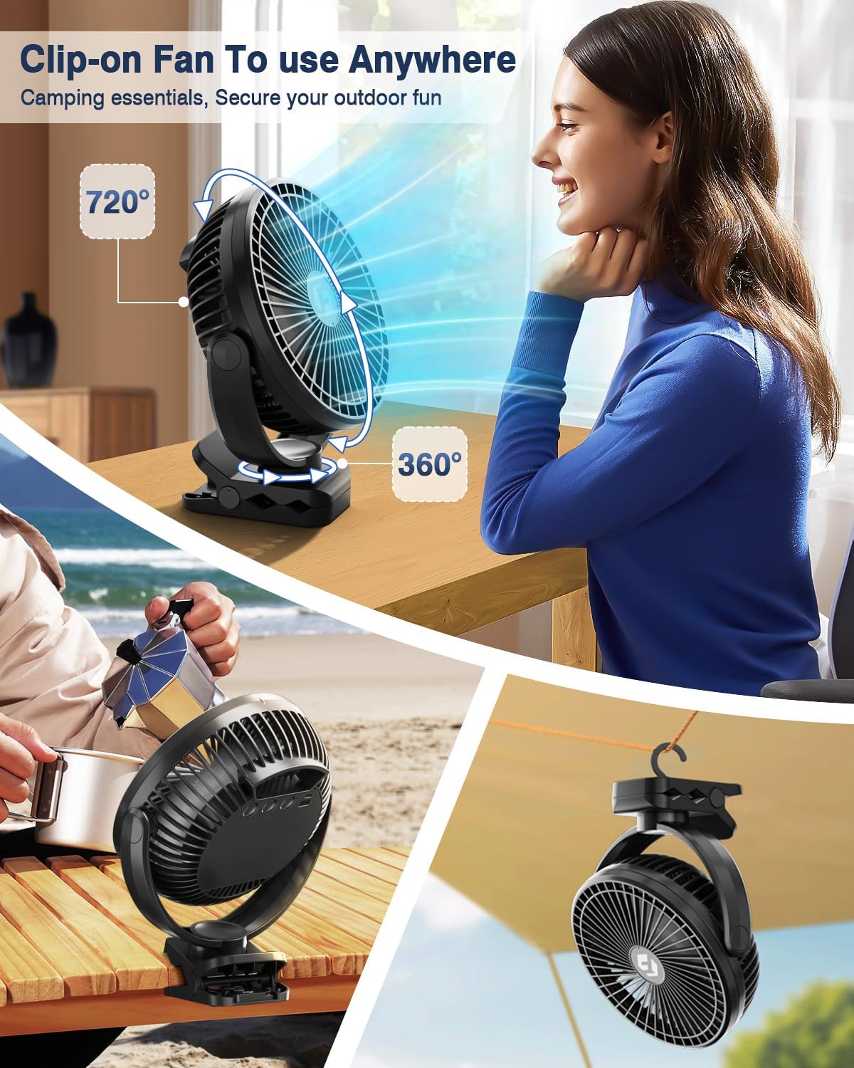 Aldernest Portable 8'' Clip on Fan, 20000mAh Rechargeable Travel Fan with Buckle Clamp, Black