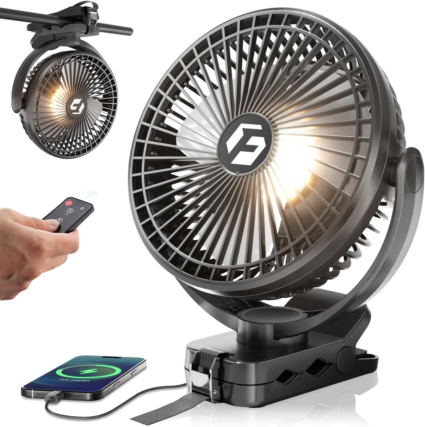 Aldernest Portable 8'' Clip on Fan, 20000mAh Rechargeable Travel Fan with Buckle Clamp, Black