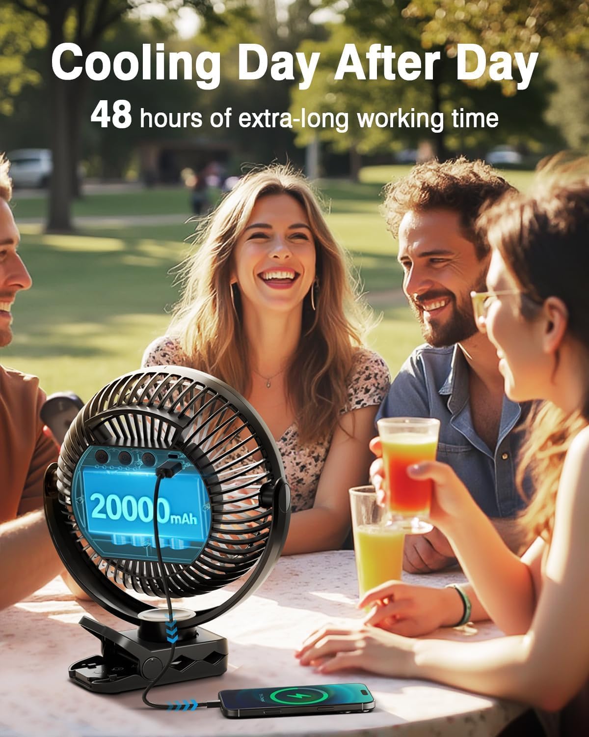 Aldernest Portable 8'' Clip on Fan, 20000mAh Rechargeable Travel Fan with Buckle Clamp, Black
