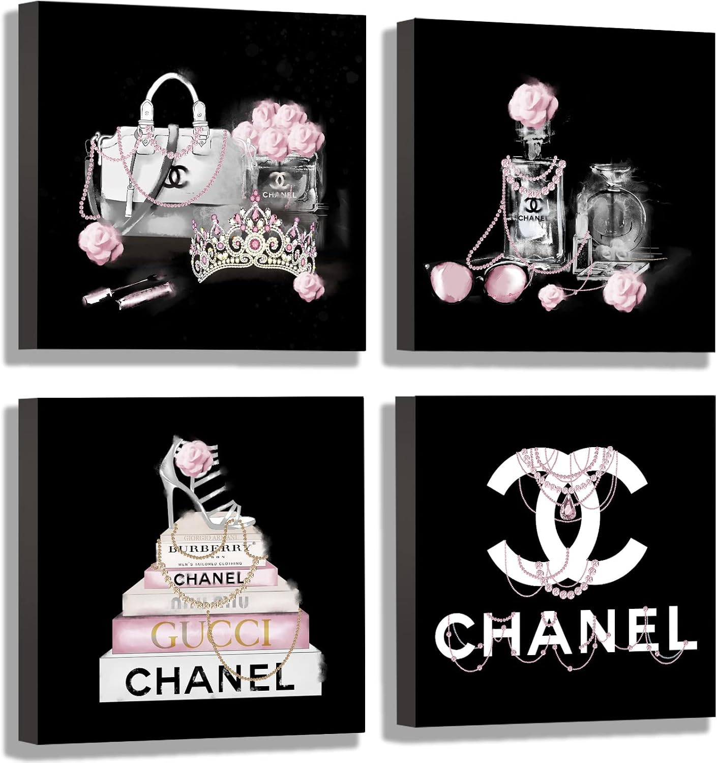 Aldernest Black And White Wall Art/Pink Book Pictures Room Decor for Teen Girls/Women Handbag Perfume Wall Decor for Living Room/Fashion Canvas