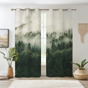 Rowanmere Misty Forest Mountain Landscape Blackout Curtains 2 Panels 84" L x 42" W, 300 g, Foggy Green