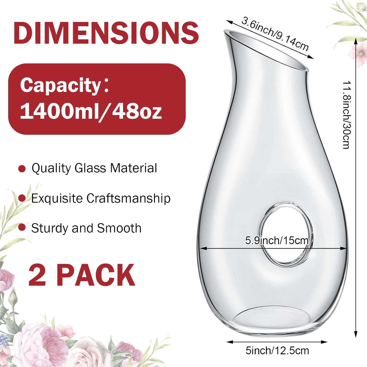 Ashenby 2 Pcs 48 oz Wine Decanter Carafe Glass Water Pitcher, Classic Style, Clear