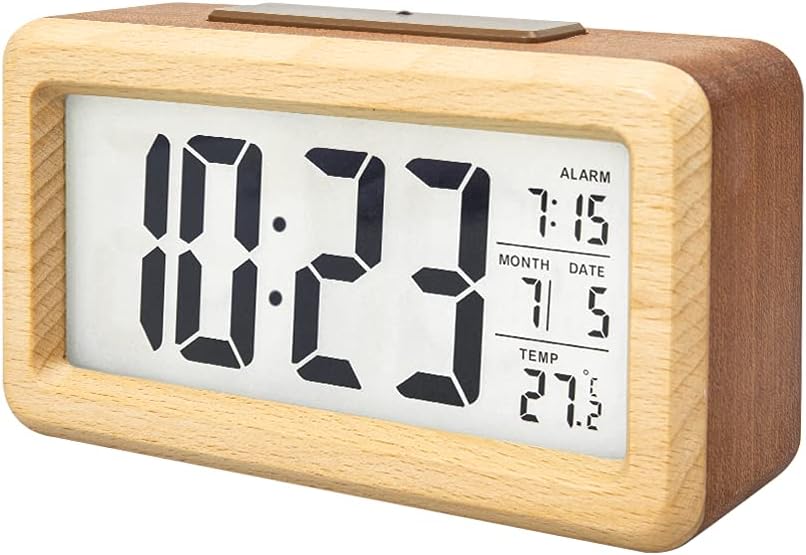 Barleyfield Wooden Digital Battery Operated Alarm Clocks for Bedrooms, Tall