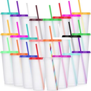 Ashenby 24 Pack Plastic Tumblers with Lids and Straw, 3.94 inches diameter x 6.89 inches height