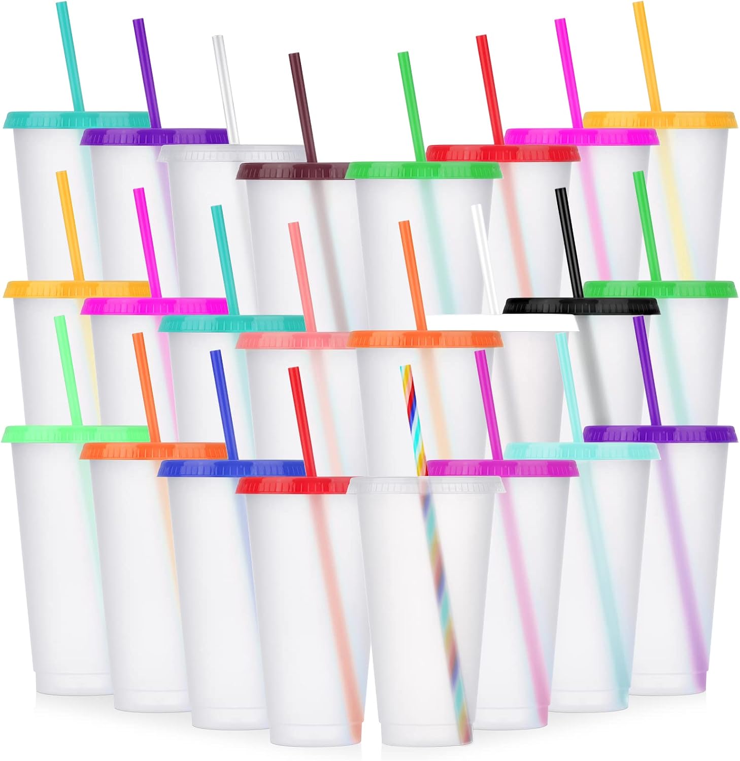 Ashenby 24 Pack Plastic Tumblers with Lids and Straw, 3.94 inches diameter x 6.89 inches height