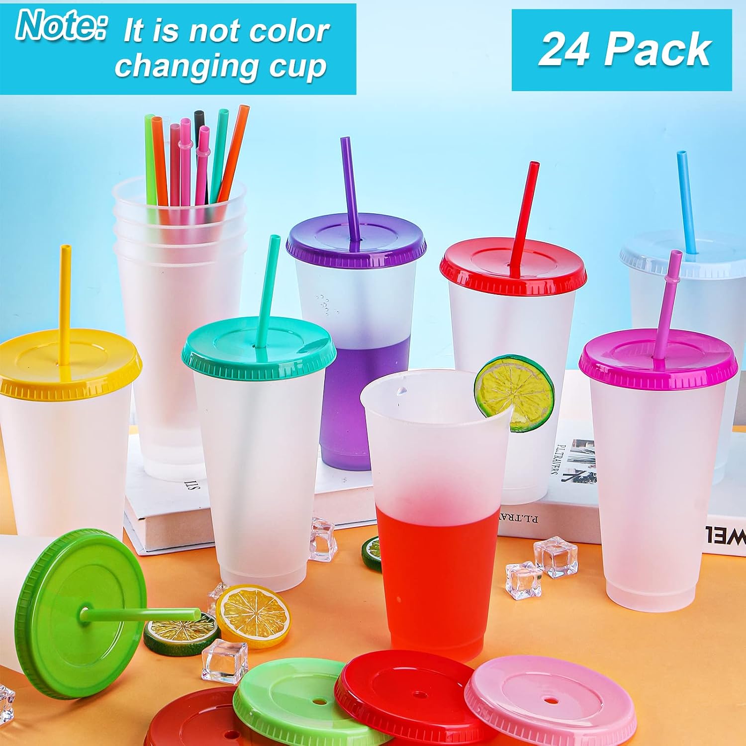Ashenby 24 Pack Plastic Tumblers with Lids and Straw, 3.94 inches diameter x 6.89 inches height