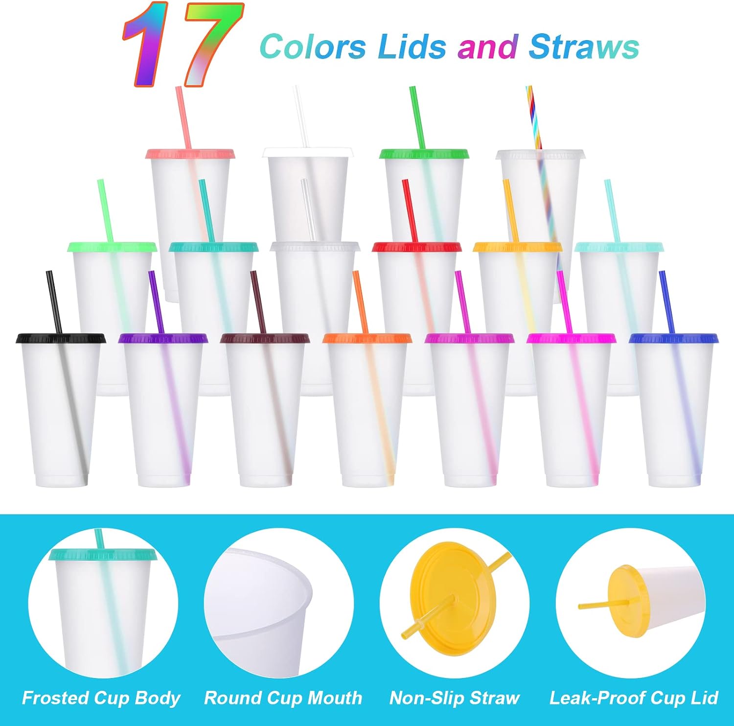 Ashenby 24 Pack Plastic Tumblers with Lids and Straw, 3.94 inches diameter x 6.89 inches height
