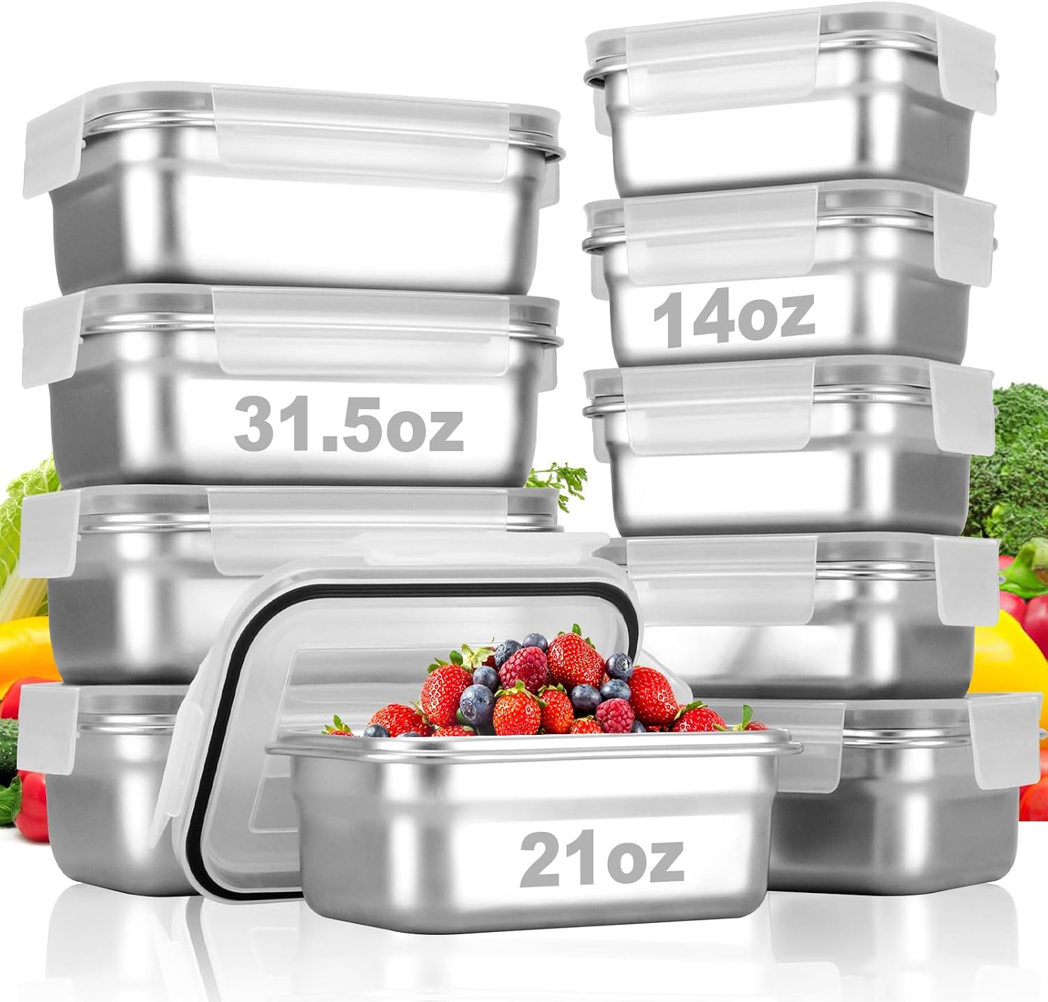 Aldernest 10 PC Square 304 Stainless Steel Food Containers with Lids, 4.3 pounds, Black