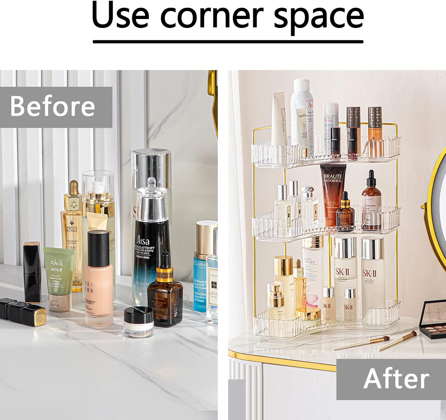 Ashenby 3-Tier Corner Bathroom Counter Organizer – Storage Shelf for Makeup, 2.4 pounds, Classic White