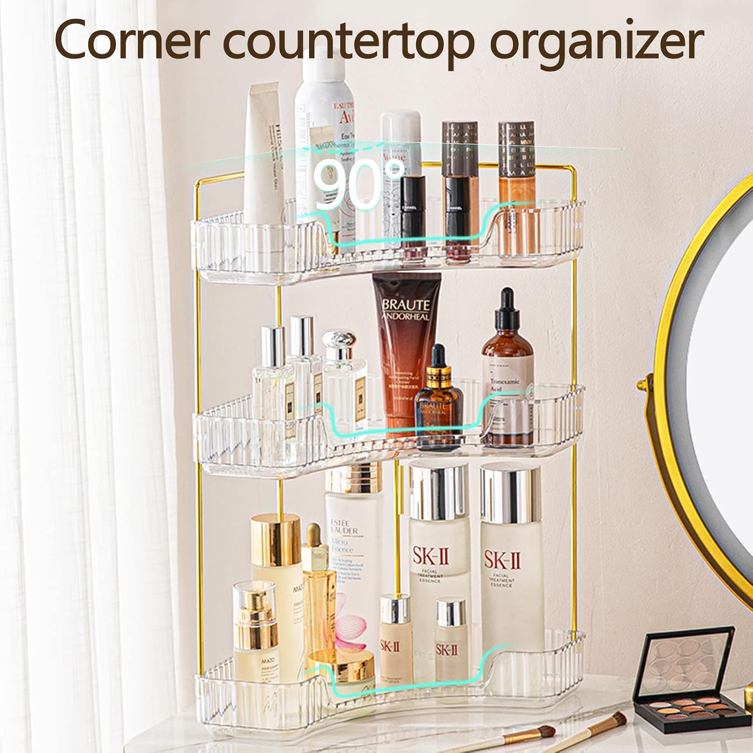 Ashenby 3-Tier Corner Bathroom Counter Organizer – Storage Shelf for Makeup, 2.4 pounds, Classic White