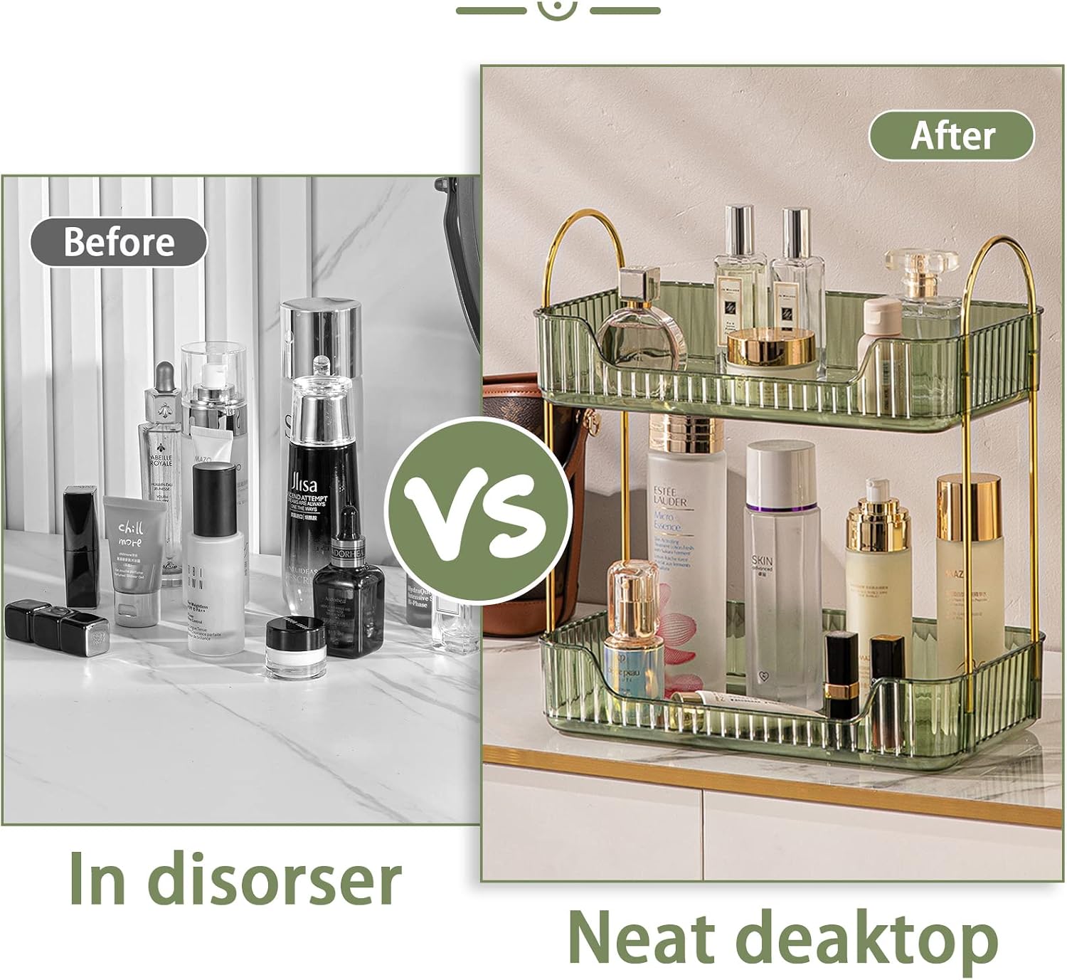 Ashenby Bathroom Counter Organizer Countertop Storage, Cosmetics Skincare Shelf, Standard-2 Tier, Gem Green