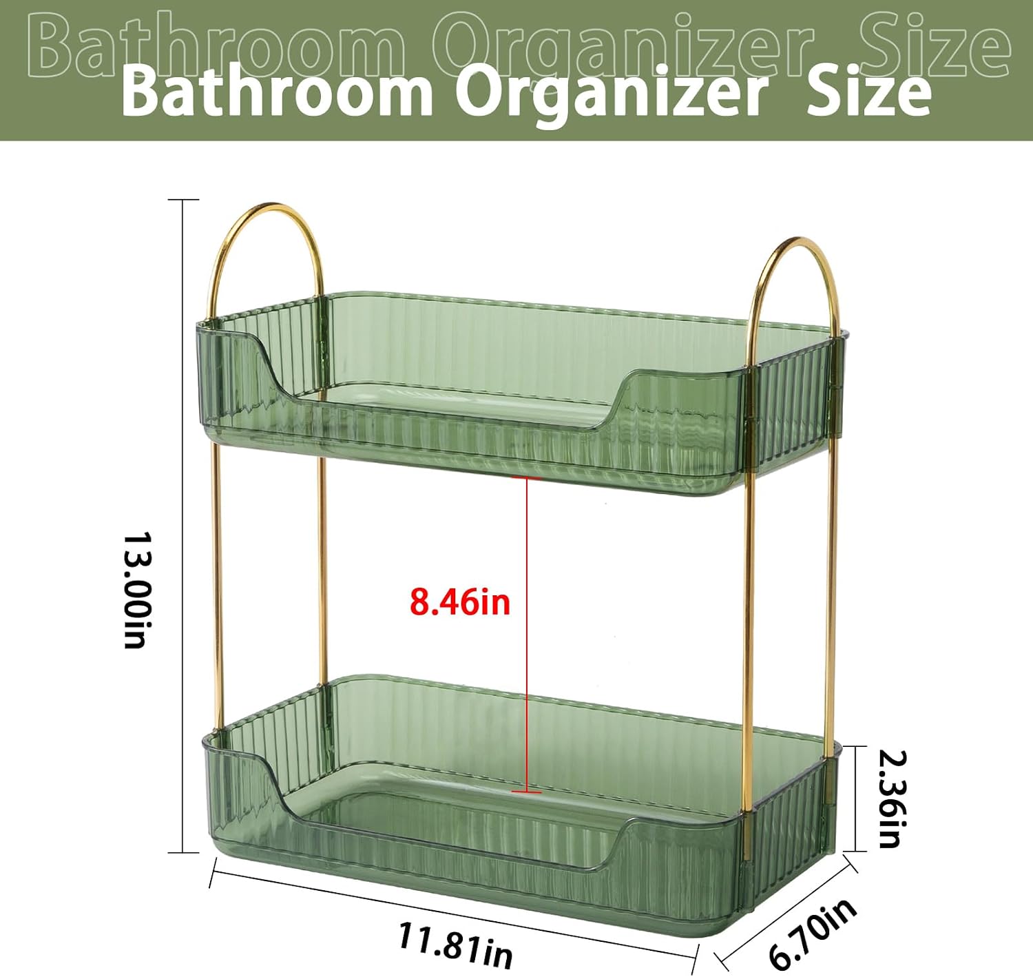 Ashenby Bathroom Counter Organizer Countertop Storage, Cosmetics Skincare Shelf, Standard-2 Tier, Gem Green