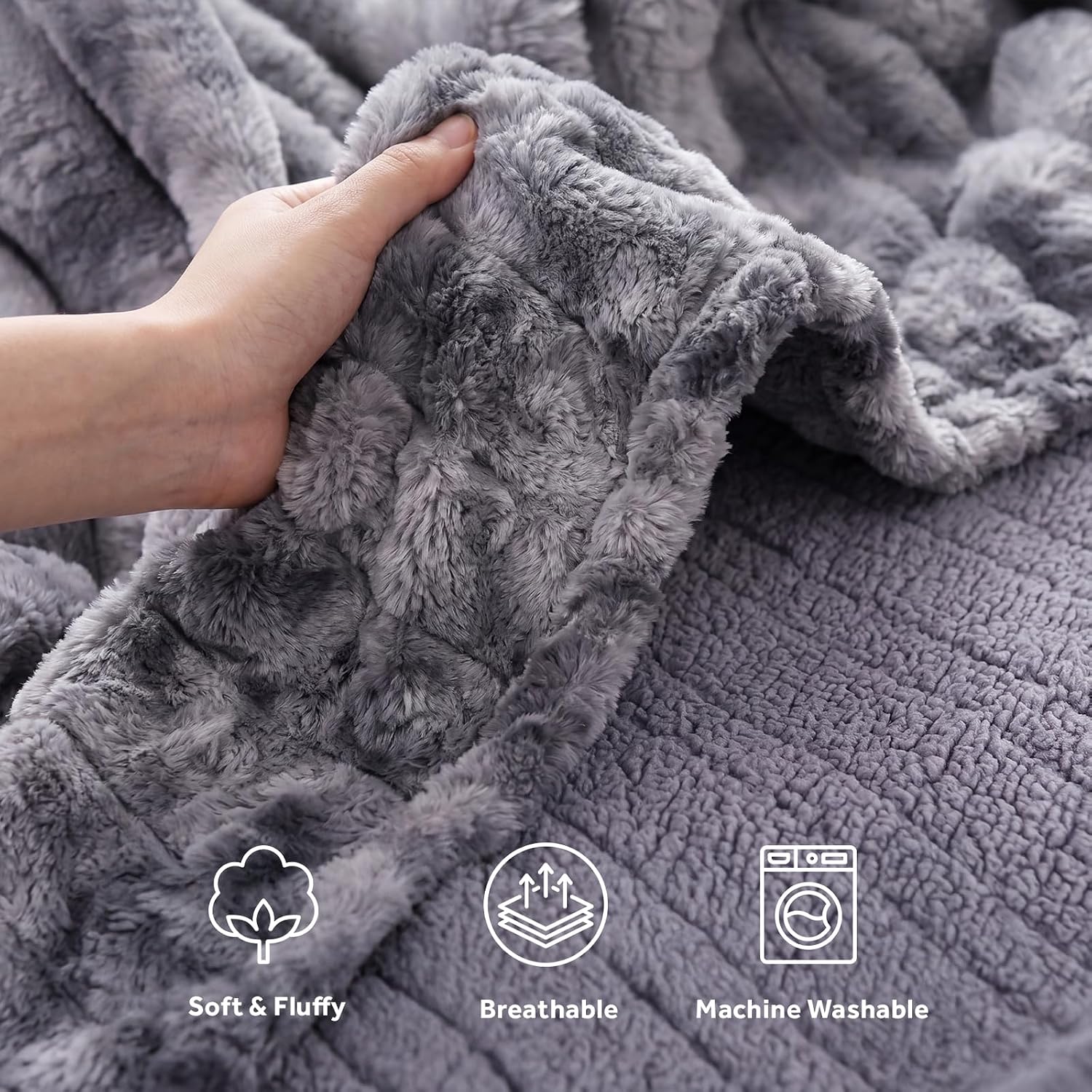 VelloHome Heated Throw Blanket, Faux Fur with 6 Heating Levels, Grey, Throw 50" x 60"