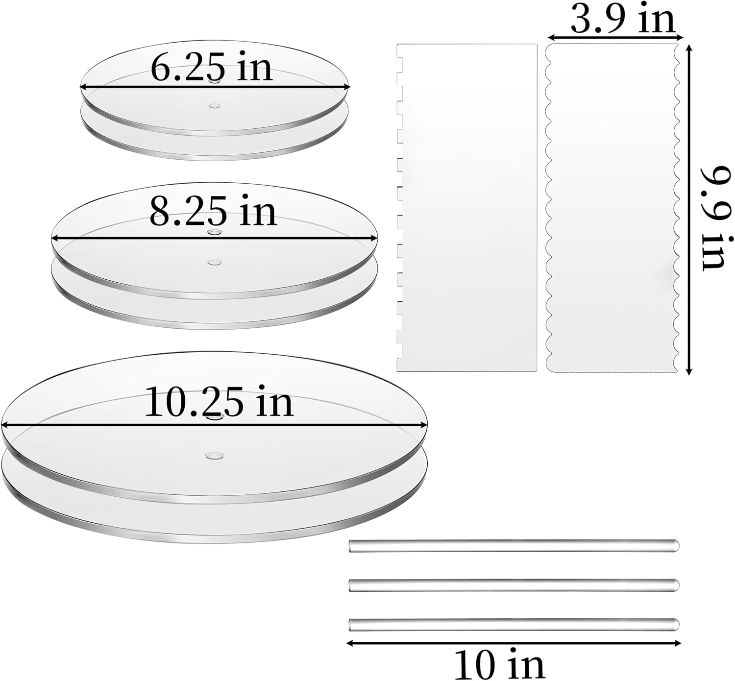 Aldernest 11 Pieces Acrylic Cake Discs Set, 6.25/8.25/10.25 Inch Clear Cake Decorating Supplies with 6 Acrylic Discs, 2.18 pounds