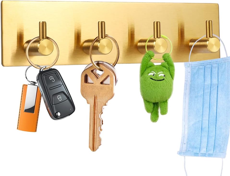 HomeNestly Key Holder for Christmas Wall Decorative, Adhesive Stainless Steel Key Hooks, Gold
