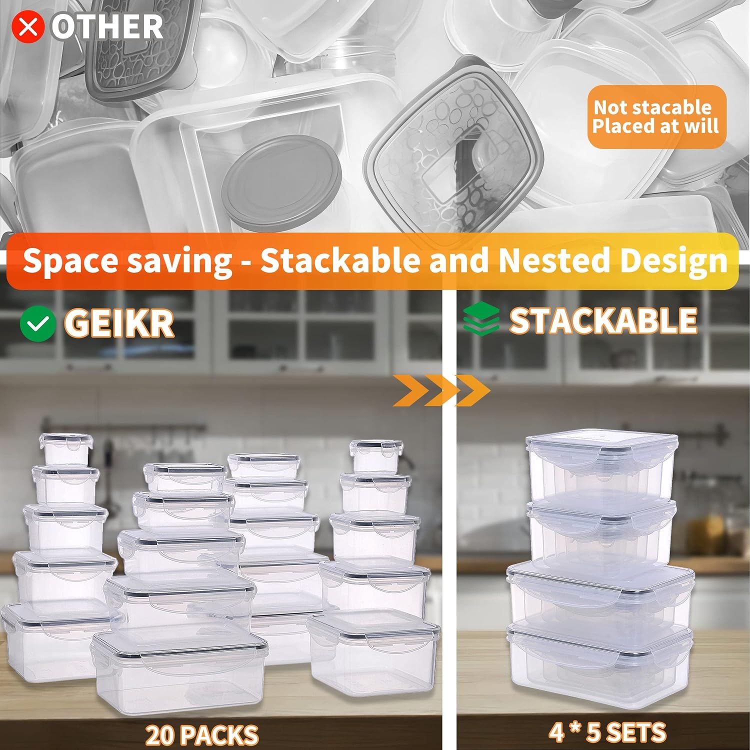 Birchmont 40 PCS Plastic Food Storage Containers with Lids Airtight, 3.7 pounds, 20 Pack Food Storage Containers