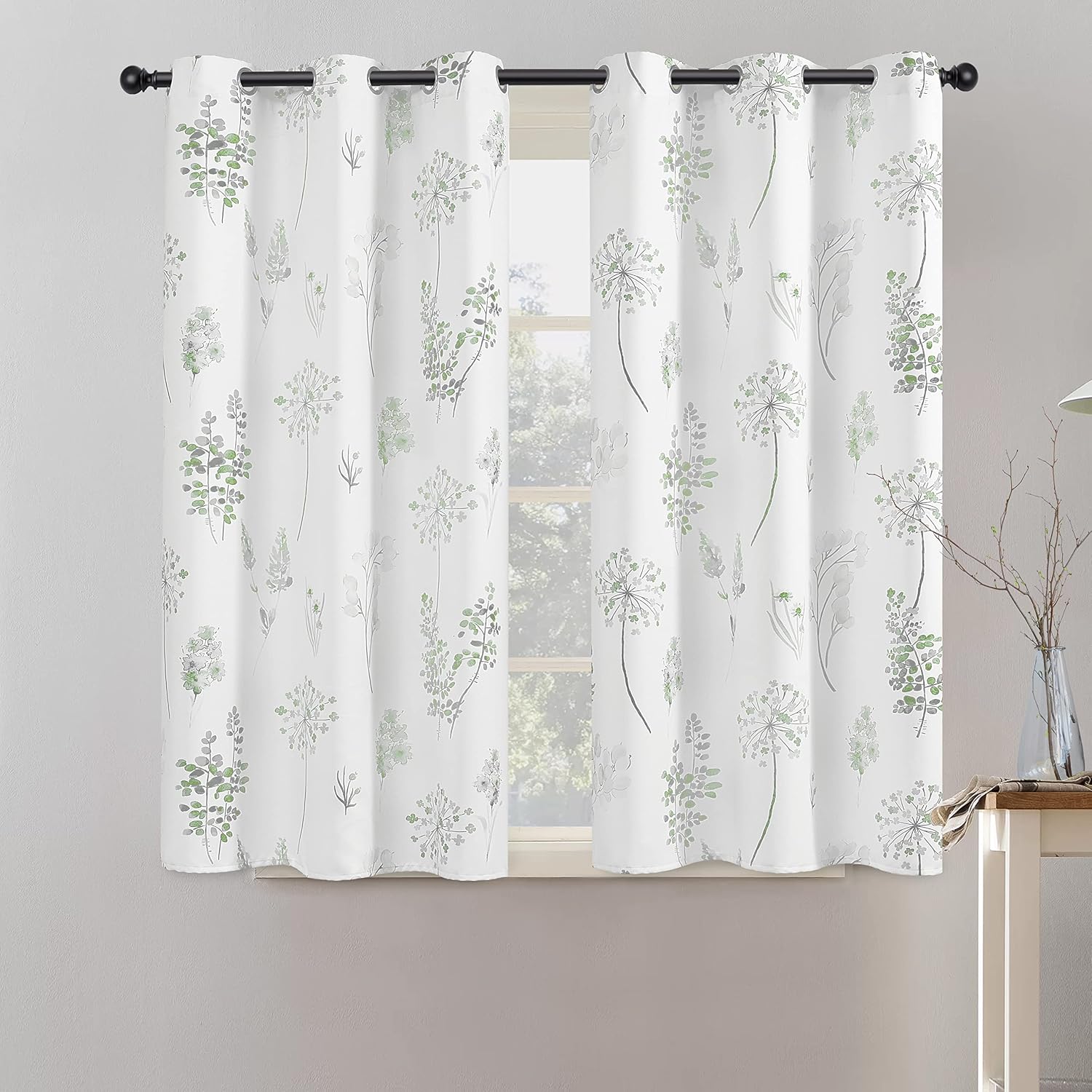 Aldernest Short Bathroom Curtains for Small Window, 1.2 pounds, 34"W x 45"L (Pack of 2), Green & Grey
